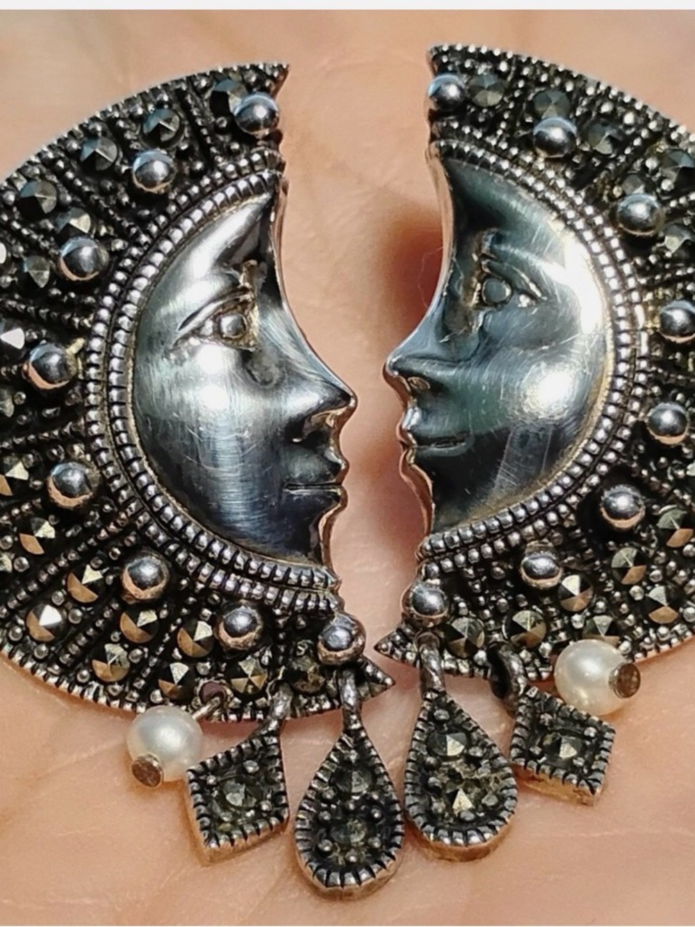 925 sterling silver marcasite pearl crescent moon earrings